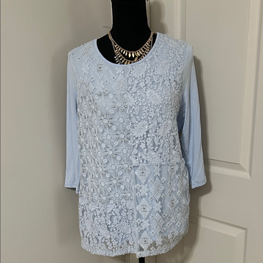 NWT Chico's Size 2 (regular size L) Light Blue Lace Blouse
